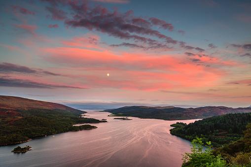 The Kyles of Bute, also known as Argyll's Secret Coast, in the Firth of Clyde, looking down the eastern Kyle after sunset and the moon rising