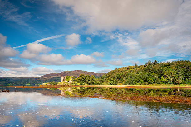 Castle Lachlan on Loch Fyne Located on the eastern shore of Loch Fyne is the remains of Castle Lachlan, originally built in the thirteenth century, now a ruin loch fyne stock pictures, royalty-free photos & images