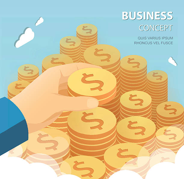 ilustrações de stock, clip art, desenhos animados e ícones de hand put coin to money staircase. business success concept. - coin stacking vector part of