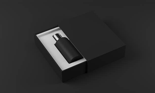 istock Black perfume bottle in white and black box 612854476