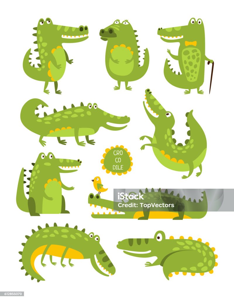 Crocodile caractère mignon dans différentes poses autocollants enfantin - clipart vectoriel de Crocodile libre de droits