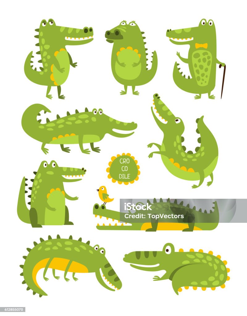 Crocodile Cute Character In Different Poses Childish Stickers Crocodile Cute Character In Different Poses Childish Stickers. Animal Funny Stylized Character Flt Vector Illustration Set On White Background. Crocodile stock vector