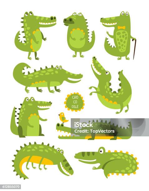Crocodile Cute Character In Different Poses Childish Stickers Stock Illustration - Download Image Now