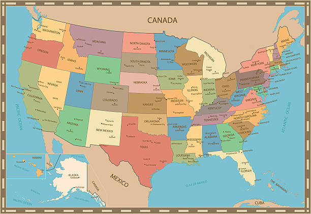 bardzo szczegółowa mapa kolorów vintage stanów zjednoczonych - map cartography washington dc tennessee stock illustrations