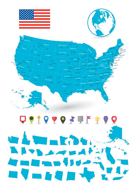 ilustraciones, imágenes clip art, dibujos animados e iconos de stock de mapa de ee.uu. con sus estados y punteros de mapa plano - kansas map design state