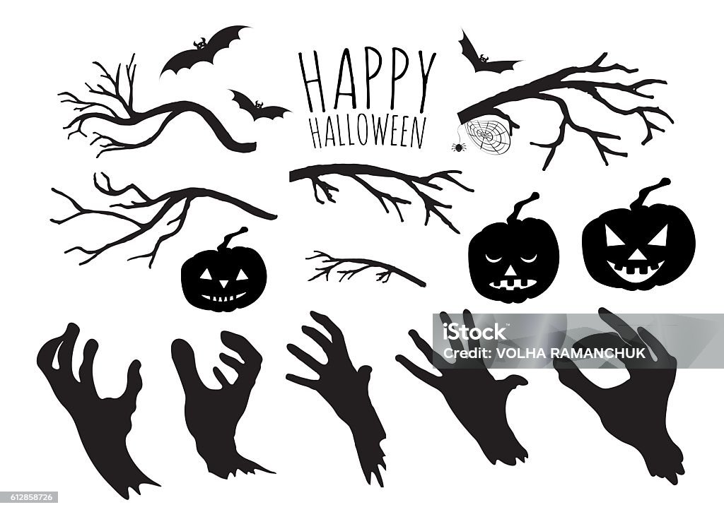 Halloween vector illustration Zombie hands silhouettes, pumpkins, bats, hand drawn tree branches set. Halloween vector illustration isolated on white. Abstract stock vector