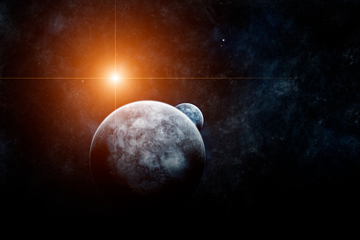 Planeta con luna y estrella de fondo photo