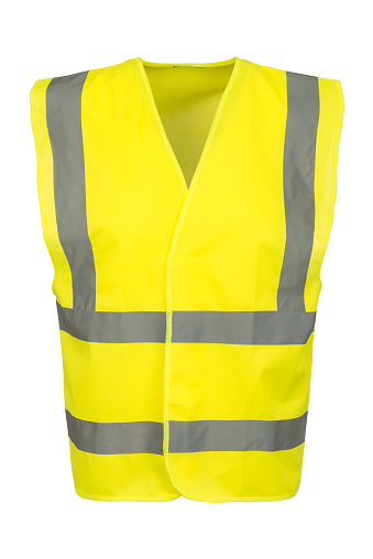 Cutout of a yellow safety vest viewed at the front.
