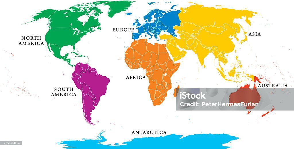 Seven continents map with national borders Seven continents map with national borders. Asia, Africa, North and South America, Antarctica, Europe and Australia. Detailed map under Robinson projection and English labeling on white background. Number 7 stock vector