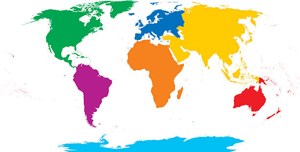 Seven continents map Seven continents map. Asia yellow, Africa orange, North America green, South America purple, Antarctica cyan, Europe blue and Australia in red color. Robinson projection over white. Illustration. landmass stock illustrations