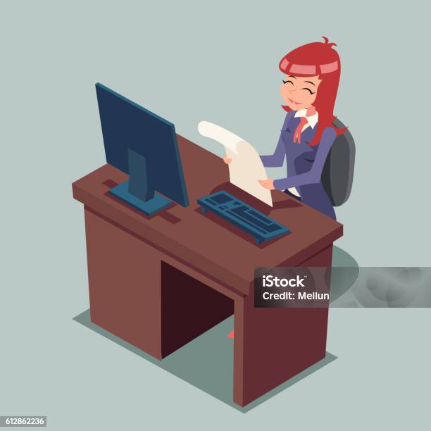 Businessman At Desk Working On Computer Cartoon Characters Icon Retro Stock Illustration - Download Image Now