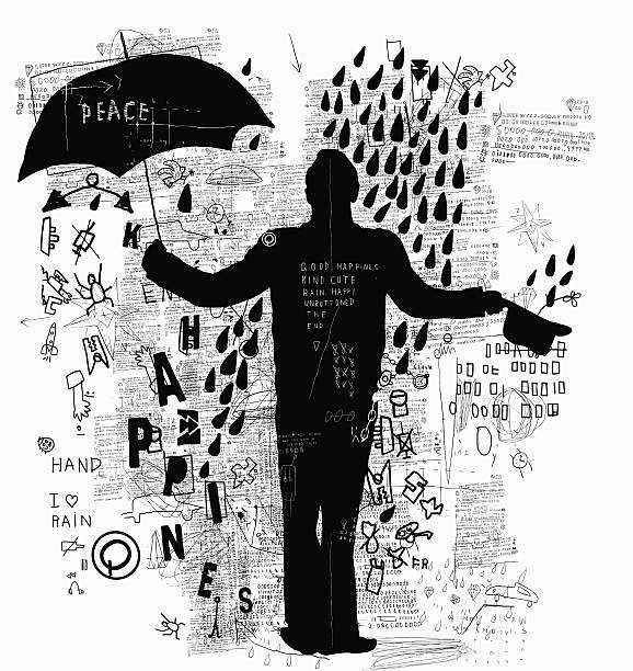 Man with umbrella The symbolic image of a man who stands in the rain rain silhouettes stock illustrations
