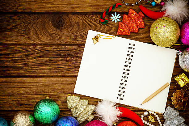 istock Greeting, Blank Notebook With Christmas decoration on wooden Bac 612863904