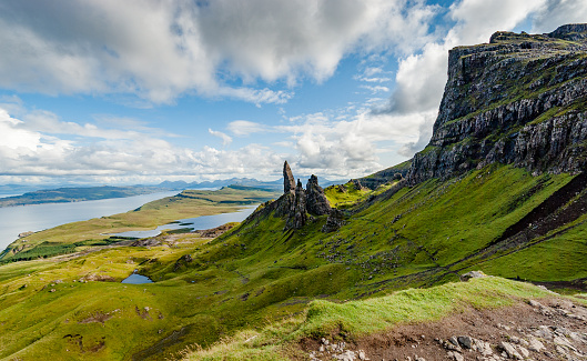 Looking towards the Old Man of Storr and Storr Lochs on the Isle of Skye