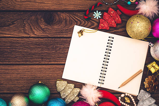 istock Greeting, Blank Notebook With Christmas decoration on wooden Bac 612864234