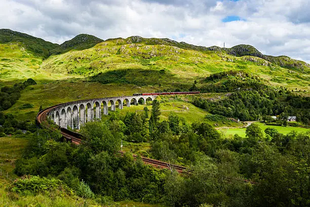 Steam train 'The Jacobite' crossing the Glenfinnan viaduct in Scotland, famous as the Hogwarts Express