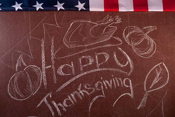 istock Happy Thanksgiving, written in white chalk on a blackboard, 613011724