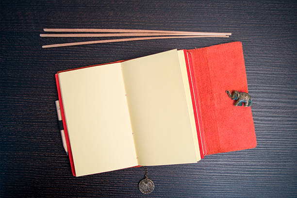 istock Top view wood desk with sketchbook and joss sticks 613011882