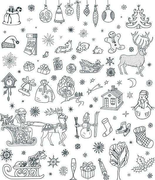 크리스마스 doodles 설정 - bird christmas holly christmas stocking stock illustrations