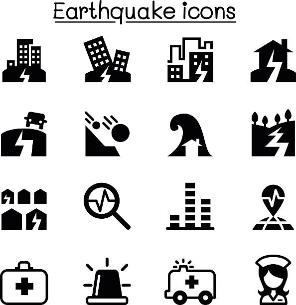 ilustraciones, imágenes clip art, dibujos animados e iconos de stock de conjunto de iconos de terremoto - aftershock