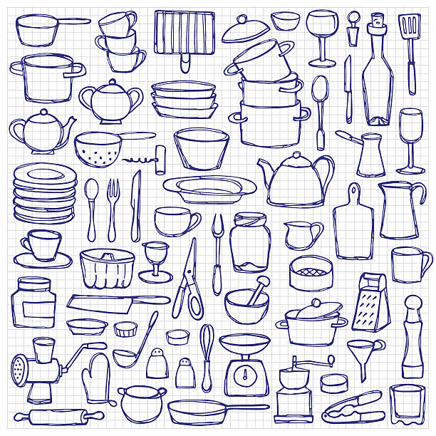 ilustrações, clipart, desenhos animados e ícones de conjunto de doodle de cozinha - kettle