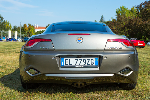 Mogliano Veneto, Italy - September 11, 2016: Photo of a Fisker Karma at meeting Top Selection 2016.The company's first product was the Fisker Karma, one of the world's first production hybrid electric vehicles.