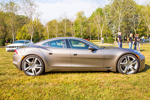 Mogliano Veneto, Italy - September 11, 2016: Photo of a Fisker Karma at meeting Top Selection 2016.The company's first product was the Fisker Karma, one of the world's first production hybrid electric vehicles.