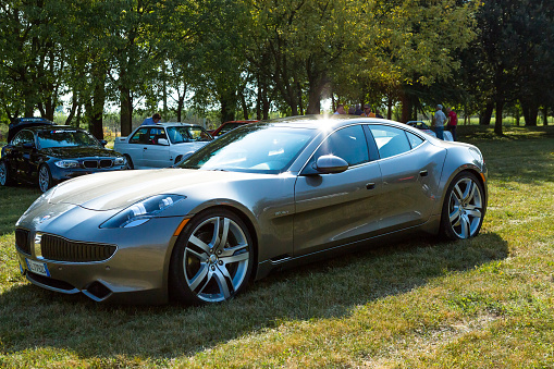 Mogliano Veneto, Italy - September 11, 2016: Photo of a Fisker Karma at meeting Top Selection 2016.The company's first product was the Fisker Karma, one of the world's first production hybrid electric vehicles.
