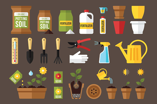 Vector set of indoor gardening icons: gardening tools, packages of soil, fertilizers, seeds, flowerpots, planting and growing process, care instruction symbols. Flat style.
