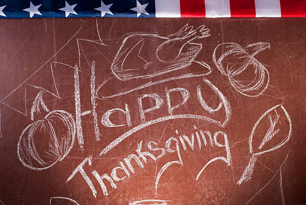 istock Happy Thanksgiving, written in white chalk on a blackboard, 613016948
