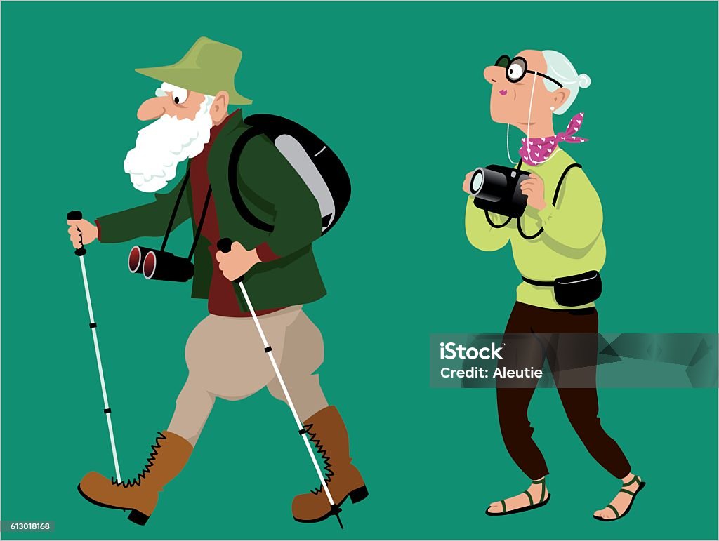 Hiking seniors Senior couple hiking and taking pictures, EPS 8 vector illustration, no transparencies Senior Adult stock vector