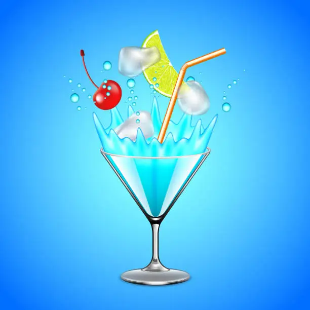 Vector illustration of Ice cubes and fruits falling into blue lagoon cocktail