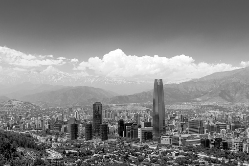 Santiago de Chile, Chile - November 28, 2015: Skyline view of Santiago de Chile in South America in black and white