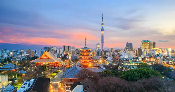 View of Tokyo skyline at sunset in Japan.