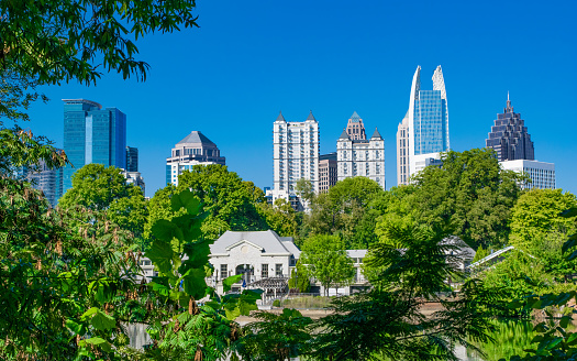 The skyline of Atlanta, Georgia from Piedmont Park.