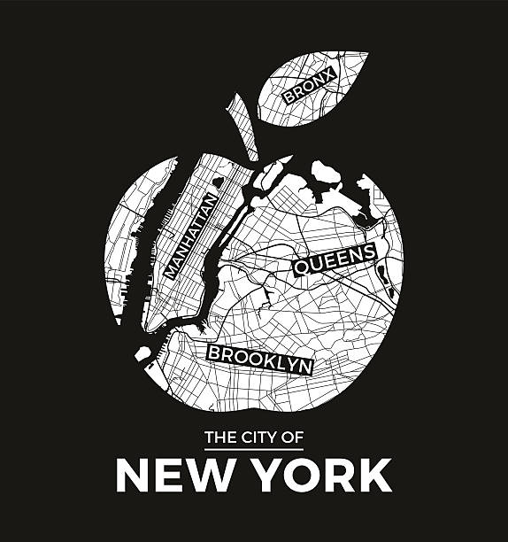 New York big apple t-shirt graphic design with city map. New York big apple t-shirt graphic design with city map. Tee shirt print, typography, label, badge, emblem. Vector illustration. queens new york city stock illustrations