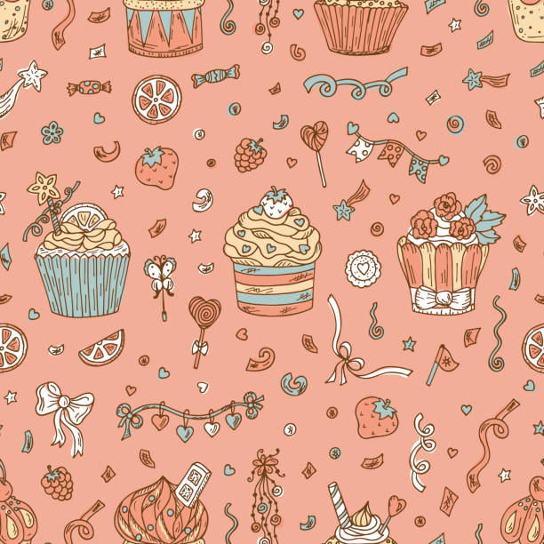 illustrations, cliparts, dessins animés et icônes de sucreries. arrière-plan d’anniversaire. cupcakes motif sans couture. décorations de fête dessinées à la main. - cupcake cake birthday cake muffin