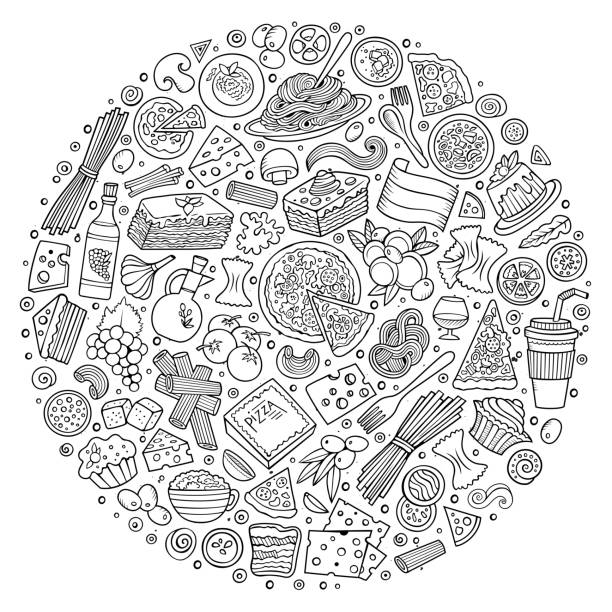 Set of Italian food cartoon doodle objects Line art vector hand drawn set of Italian food cartoon doodle objects, symbols and items. Round composition pepperoni pizza drawing stock illustrations