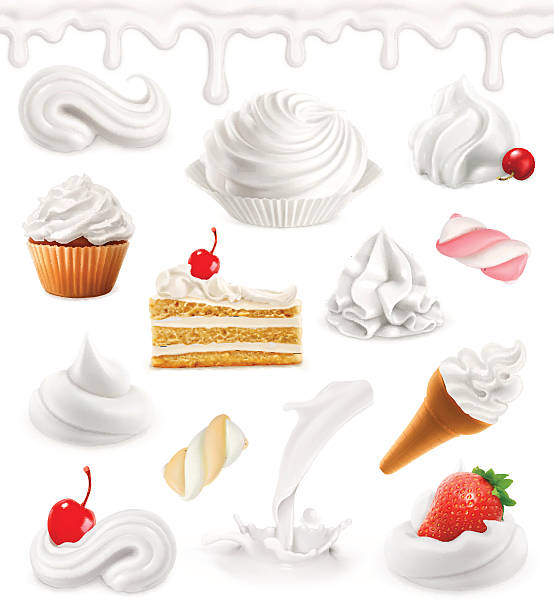 ilustraciones, imágenes clip art, dibujos animados e iconos de stock de crema batida, leche, helado, cupcake, caramelos. conjunto de iconos vectoriales - nata montada