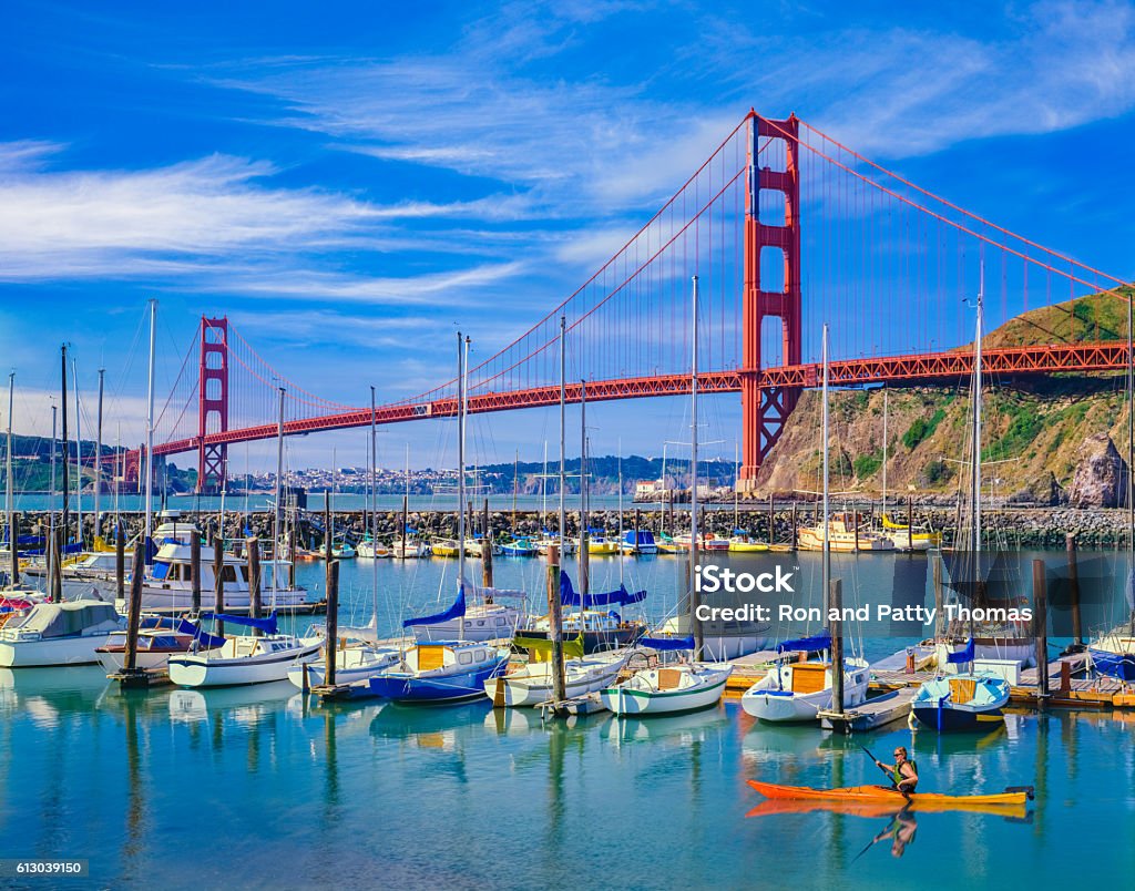 Golden Gate Bridge with recreational boats, CA Calm harbor with sail boats and the Golden Gate Bridge, San Fransico, CA San Francisco - California Stock Photo