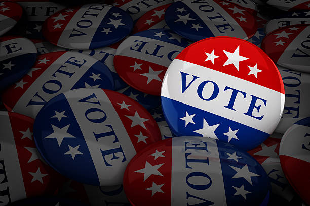 istock Vote buttons in red, white, and blue 613039160