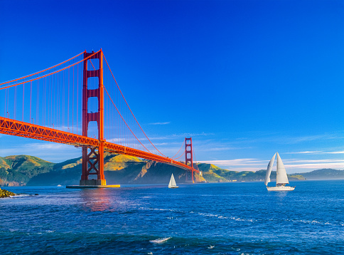 A captivating large format panorama of sailboats and motorboats cruising on a splendid day on the San Francisco bay. Note the boats and people are not recognizable.