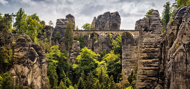 Panorama of the Bastion in Saxon Switzerland on the right bank of the Elbe near Lohmen between the spa town of Rathen and the town of Wehlen. Part of the Elbe Sandstone Mountains.