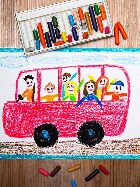 istock Colorful drawing - red school bus with happy children inside 613040574
