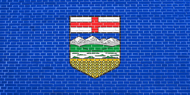istock Flag of Alberta on brick wall texture background 613042492