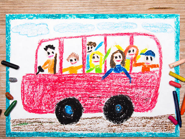 istock Colorful drawing - red school bus with happy children inside 613042862