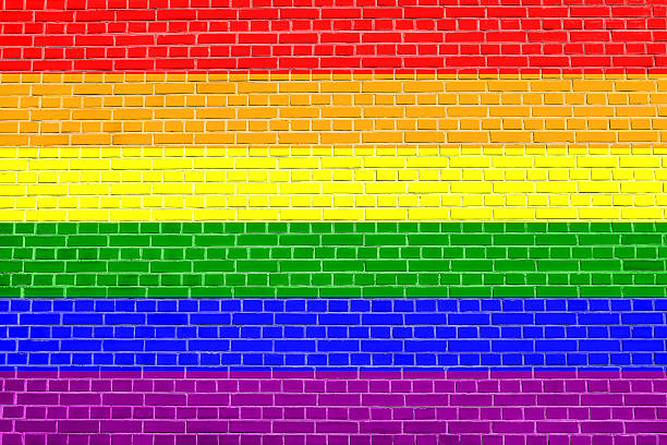 istock Rainbow gay pride flag on brick wall texture 613043930