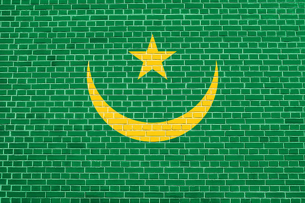 Mauritanian national official flag. African patriotic symbol, banner, element, background. Flag of Mauritania on brick wall texture background