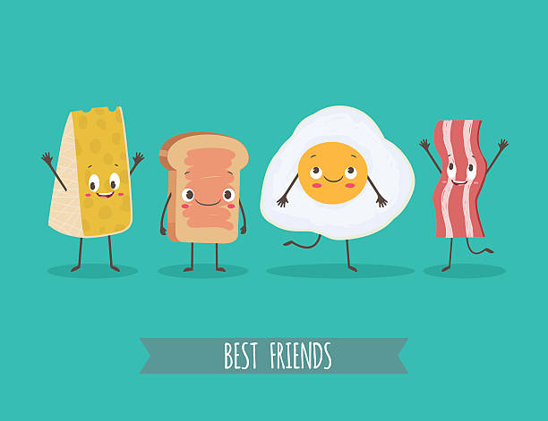 ilustraciones, imágenes clip art, dibujos animados e iconos de stock de personajes lindos chees, pan, huevo y tocino - breakfast eggs bacon fried egg