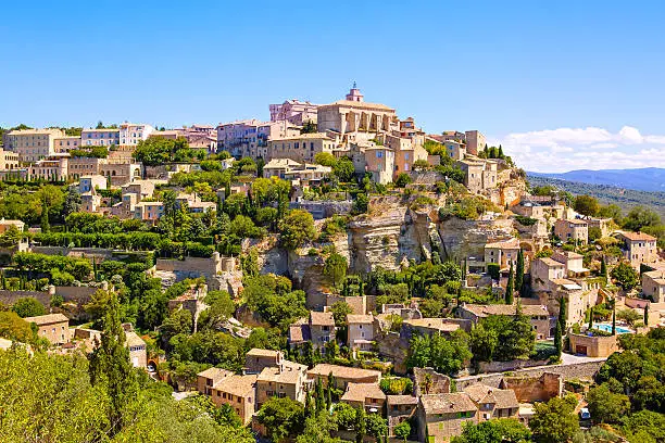 View on Gordes, a small typical town in Provence, France. Beautiful village, with view on roof and landscape